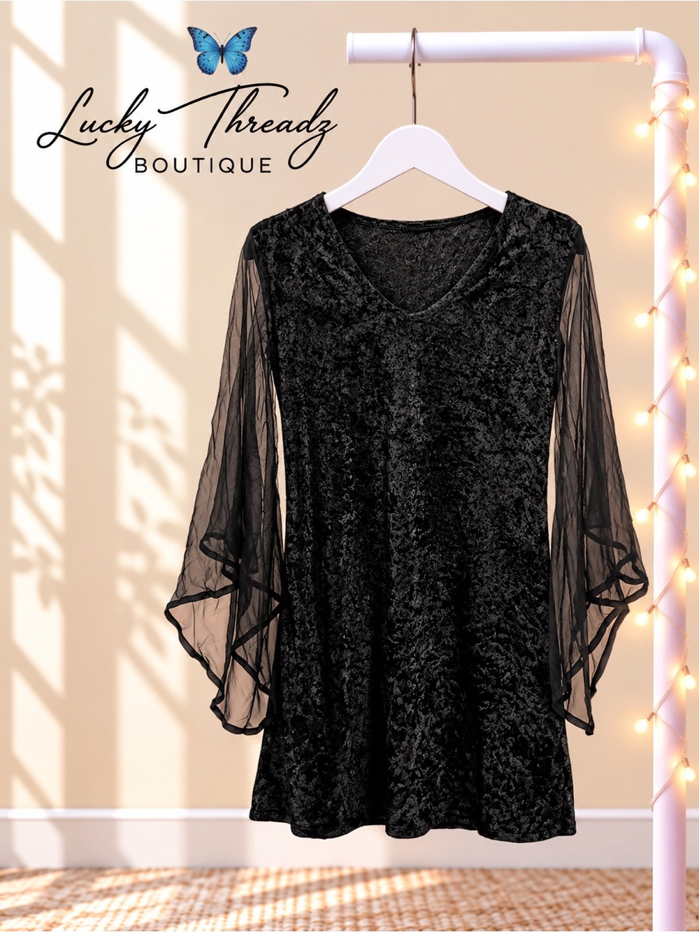 Vintage 90s Whimsigoth Black Crushed Velvet Witch Dress Sheer Bell Sleeve M/L